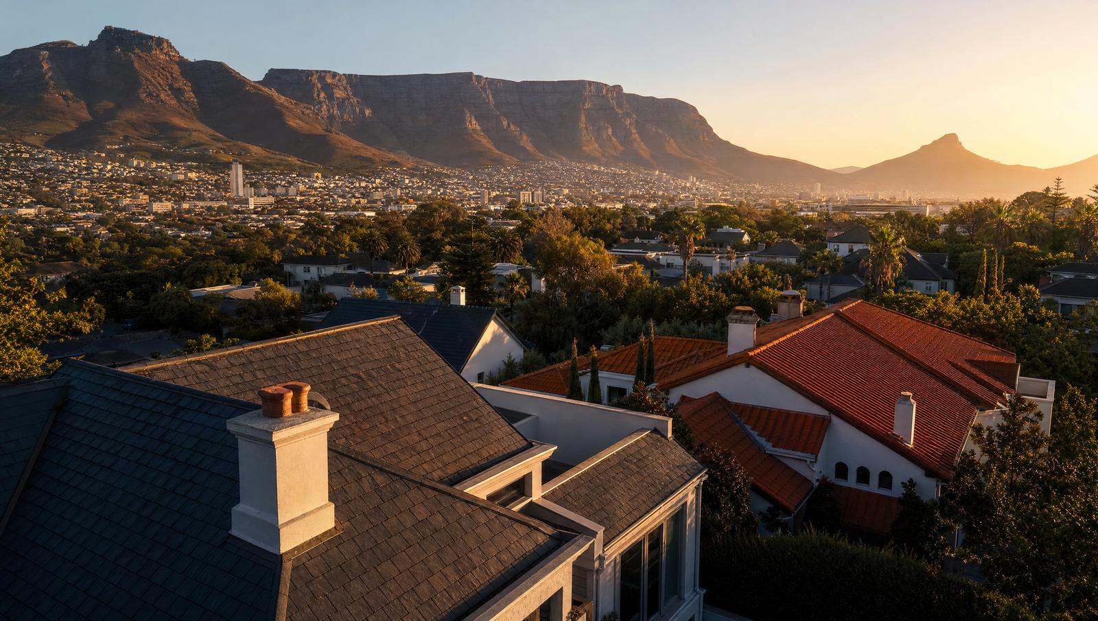 Suburban rooftops beneath mountains at golden hour