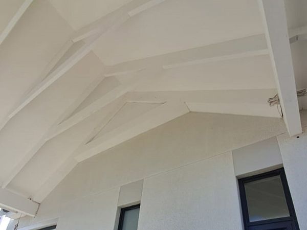 Vaulted ceiling with white painted exposed roof beams