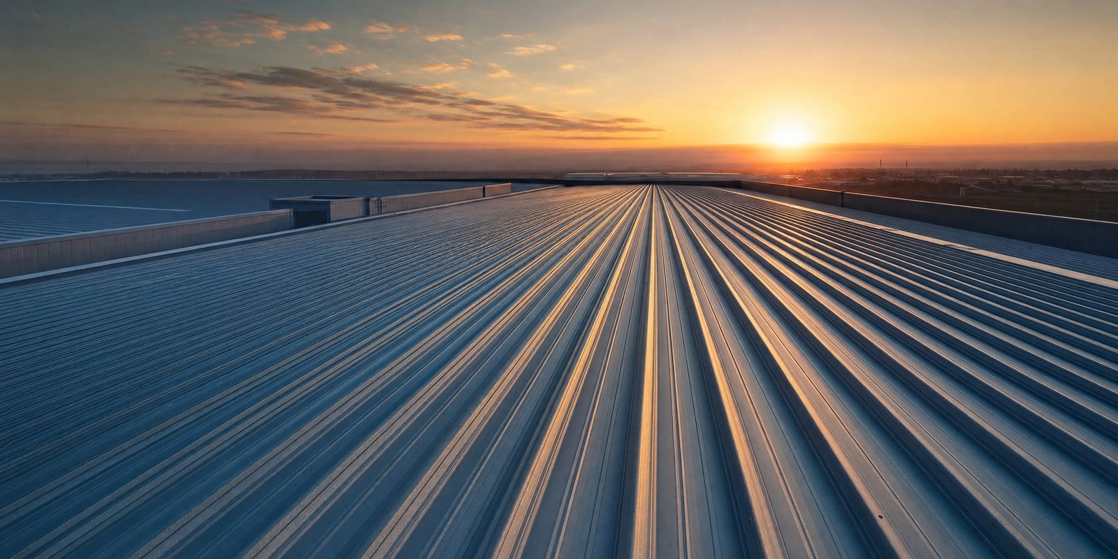 Large commercial warehouse roof at dusk