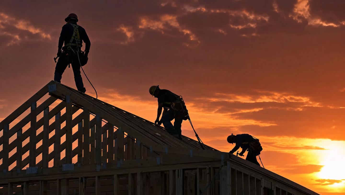 Roofing crew silhouetted against the sunset while fixing trusses