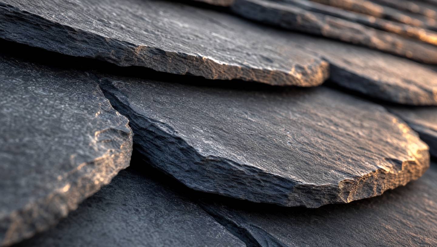 Close-up of layered natural slate roof tiles