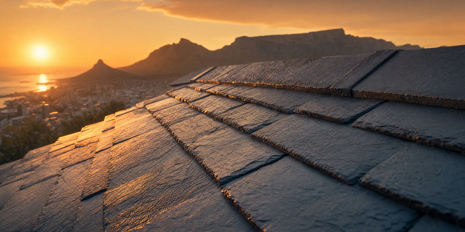 Slate roof tiles catching the sunset beneath Table Mountain