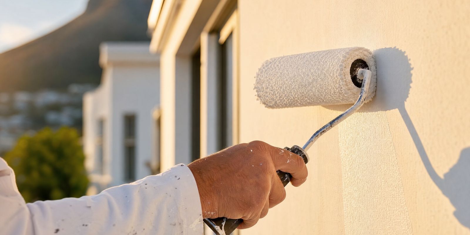 Paint roller laying a fresh coat onto a warm white wall