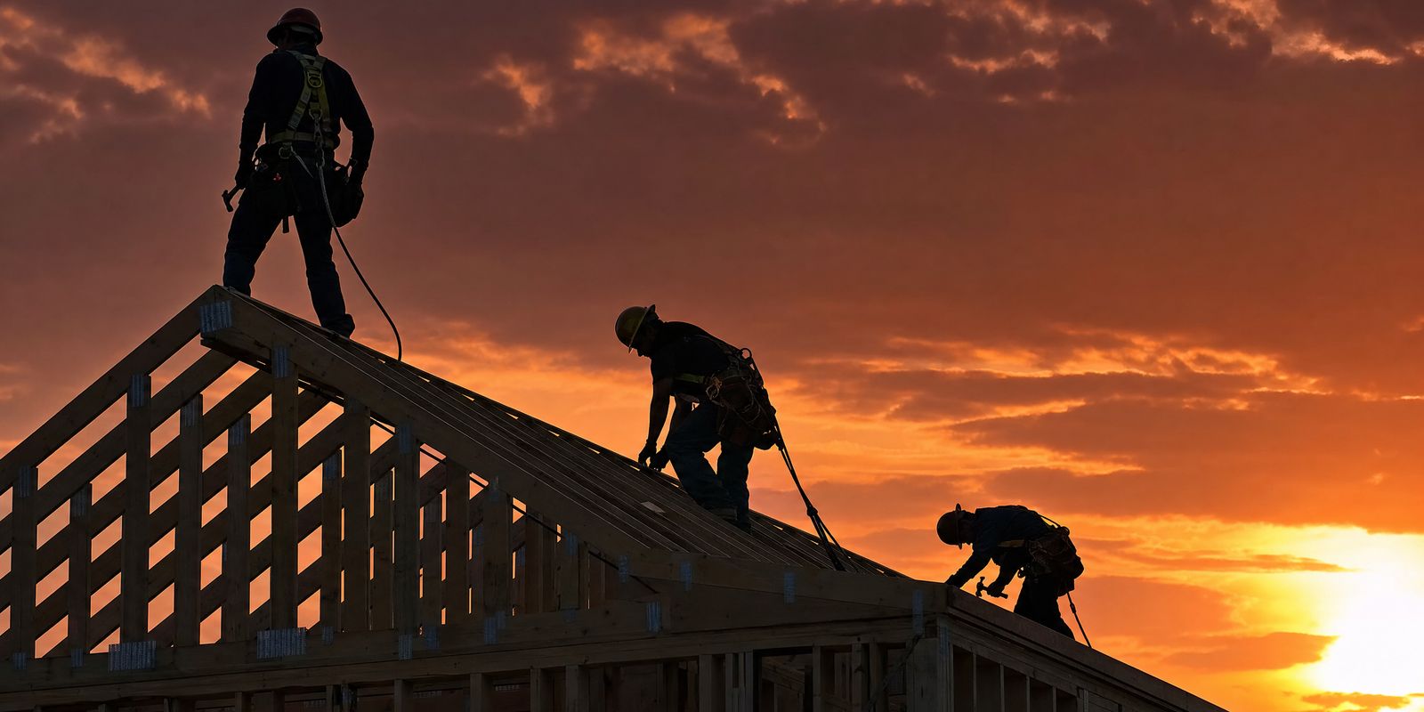 Roofing crew silhouetted against a sunset while working on a timber roof structure