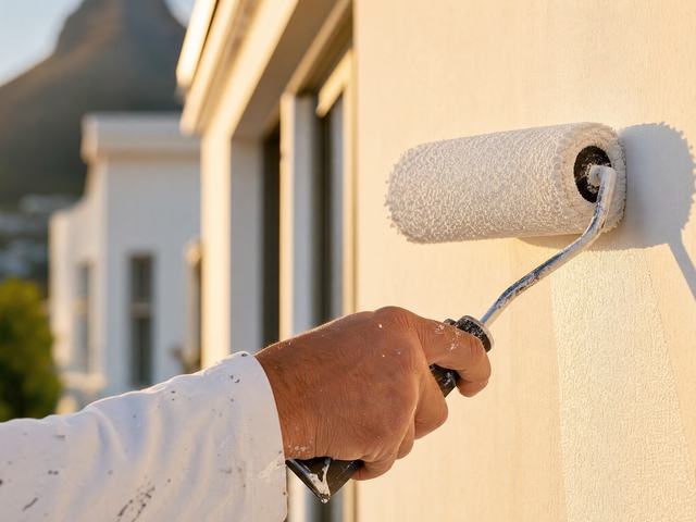 Painter coating the exterior of a Cape Town property
