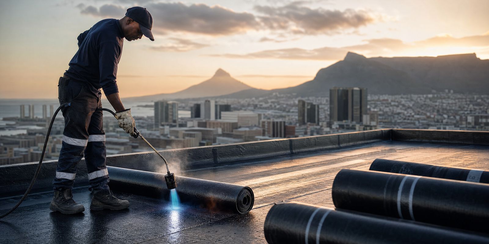 Rain streaming off a waterproofed flat roof deck at dusk